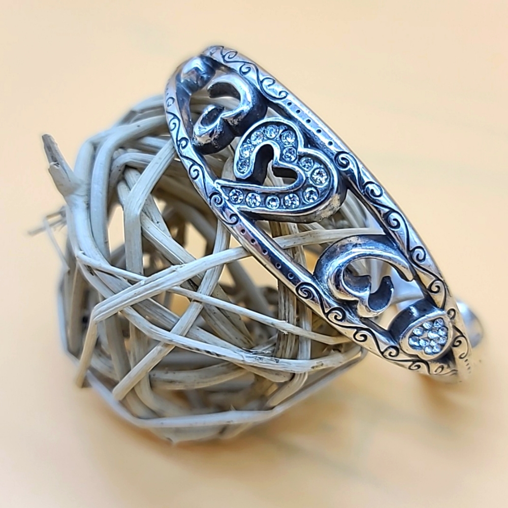 Brighton "LOVE STRUCK" Scrolled Heart Bangle With Inset Swarovski Crystals!